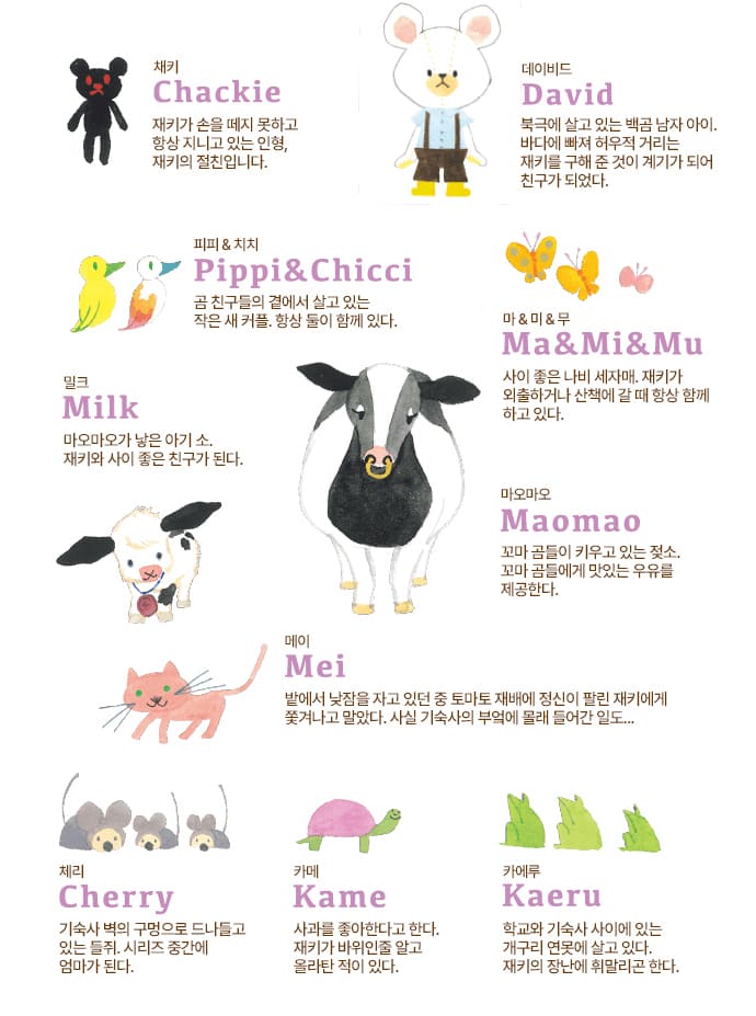 채키,데이비드,피피&치치,마&미&무,밀크,마오마오,메이,체리,카메,카에루